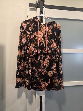 Latched Mama Black Floral Nursing Hoodie with Pink Drawstrings